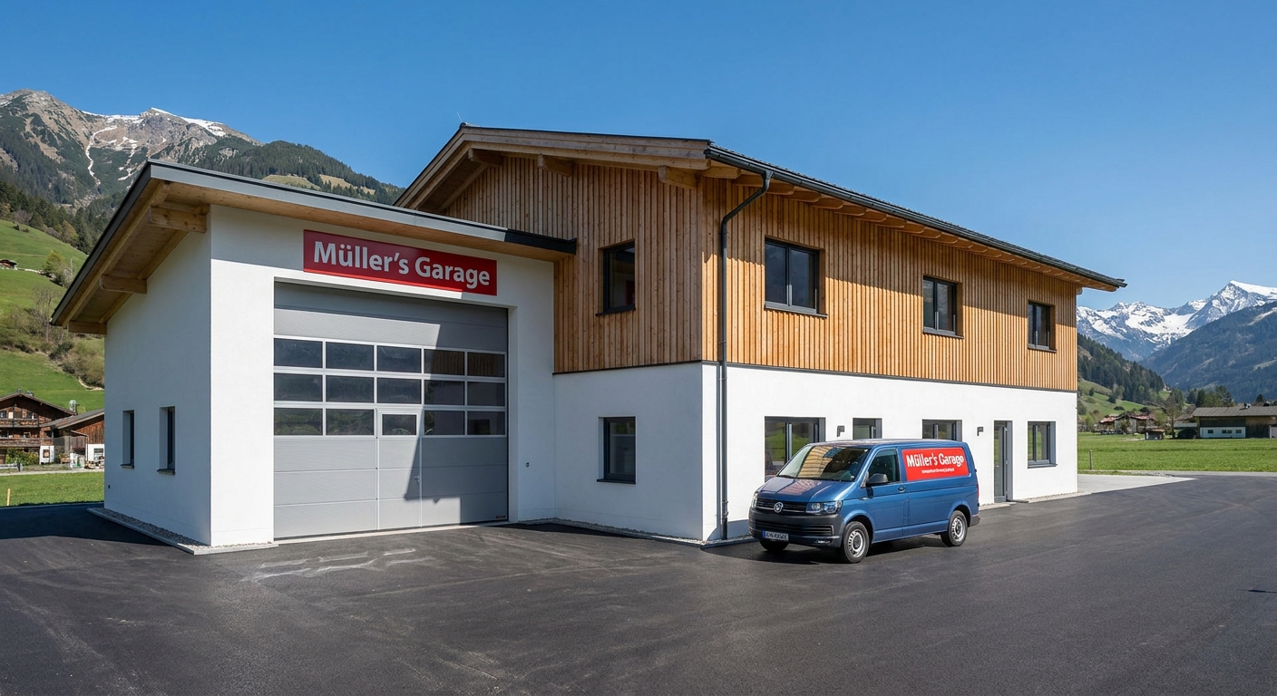 Außenansicht der Müller's Garage in St. Gerold mit Logo und Firmenfahrzeug